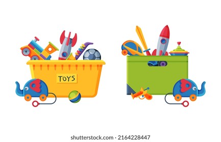 Box full of toys set. Rocket, trumpet, elephant on wheels, whirligig colorful toys for kids cartoon vector illustration