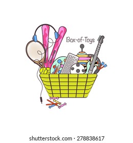 The Box full of toys, vector illustration, kids stuff, tennis racquet and balls, headphone, skis, palette, brush, keyboard, ball, whirligig, guitar, darts