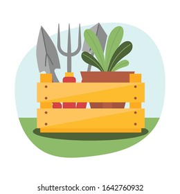 a box of Gardening tools.Wooden box with shovels, flower pot, plant.Gardening, Hobbies, spring activity, country.Flat vector illustration