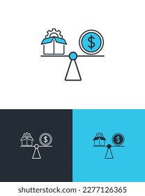 Box with gear and currency on the scales. Product or labor and money balance business vector icons on 3 different backgrounds. Value and price concept.