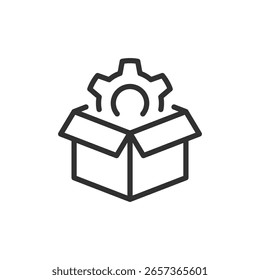 Box with gear, linear icon. Package with settings, configuration options. Line with editable stroke.