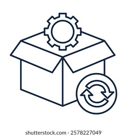 Box with Gear and Sync Icon. Product Parts Synchronization and Inventory Management Icon. Illustration for Component Coordination Concept.