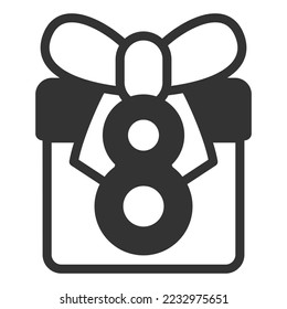 Box with a gift in a bow and the number 8 - icon, illustration on white background, glyph style
