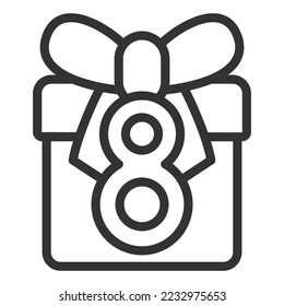 Box with a gift in a bow and the number 8 - icon, illustration on white background, outline style
