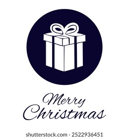 Caja con regalo y texto de felicitación “Feliz Navidad”. Icono plano redondo. Vector sobre fondo blanco