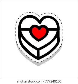 Box, gift, heart, love, present, romantic, doodle icon. Cartoon sticker in comics style with contour. Decoration for greeting cards, posters, patches, prints for clothes, emblems, sticker, icon, logo.