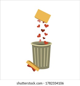 A box with a gift, hearts falls into the trash can. Vector illustration, flat cartoon design, isolated on white background, eps 10.