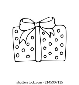 Box gift line art. Present in wrapping paper with a bow tied with a ribbon. Party gifts. Merry holiday. Hand drawn vector doodle illustration. Outline drawing.