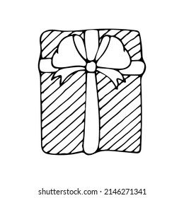 Dibujo de la línea de regalo de caja. Presente en papel envolvente con una proa atada con una cinta. Regalos de fiesta. Feliz feriado. Ilustración del doodle vector dibujado a mano. Dibujo de esquema.