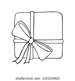 Dibujo de la línea de regalo de caja. Presente en papel envolvente con una proa atada con una cinta. Regalos de fiesta. Feliz feriado. Ilustración del doodle vector dibujado a mano. Dibujo de esquema.