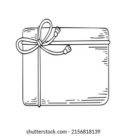 Box gift line art. Present in wrapping paper with a bow tied with a ribbon. Party gifts. Merry holiday. Hand drawn vector doodle illustration. Outline drawing.