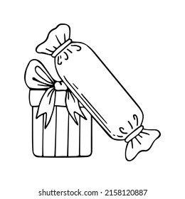 Dibujo de la línea de regalo de caja. Presente en papel envolvente con una proa atada con una cinta. Regalos de fiesta. Feliz feriado. Ilustración del doodle vector dibujado a mano. Dibujo de esquema.