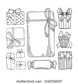 Box gift line art. Present in wrapping paper with a bow tied with a ribbon. Party gifts. Merry holiday. Hand drawn vector doodle illustration. Outline drawing.