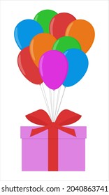 Box with a gift on balloons, tied with a red ribbon. Vector illustration