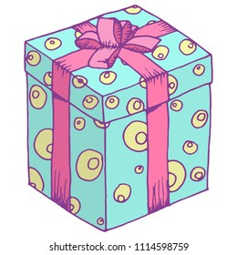 Box with a gift on holiday. Packing box. Vector illustration of a gift box, gift. Hand drawn doodle gift for Christmas.