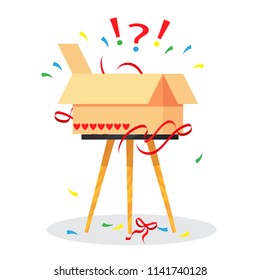 A box with a gift on the table. Surprise, congratulations on your birthday or any holiday. Happiness, joy, good mood, holiday, party. Ideal for postcards, prints, typographical. Flat cartoon style