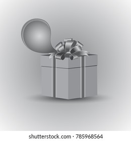 A box with a gift, tied with a festive bow. Icon for text message. Vector drawing is executed in gray color.