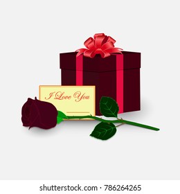 Box with a gift tied up ribbon with a bow. Red rose with a card in the foreground. A set of gifts.