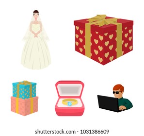 A box with a gift for a wedding, a bride in a veil and a dress, a ring in a diamond engagement ring with a diamond, boxes with gifts. Wedding set collection icons in cartoon style vector symbol stock