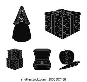 A box with a gift for a wedding, a bride in a veil and a dress, a ring in a diamond engagement ring with a diamond, boxes with gifts. Wedding set collection icons in black style vector symbol stock