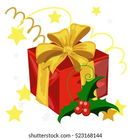 A box of gift wrapped in red paper and tied with ribbon Golden color with a bow isolated on white background. Sample of the poster, party invitation and other cards. Vector illustration.