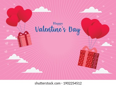 a box of gifts and heart balloons are floating in the pink sky to celebrate Valentine's Day