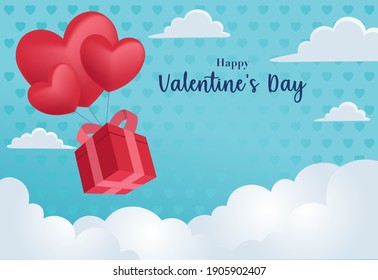 a box of gifts and heart balloons are floating in the sky to celebrate Valentine's Day