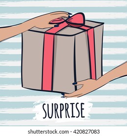 Box with gifts and surprises for the greetings. Vector illustration