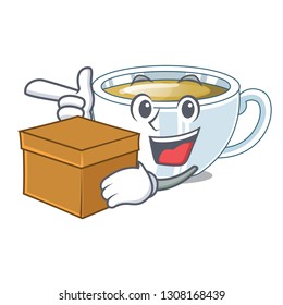 With box ginger tea above character wooden table