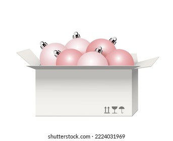 Box with glass Christmas balls,
Christmas decoration made of  rose glass balls,
Vector illustration isolated on white background
