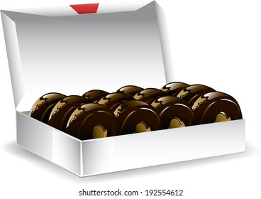 Box of glazed, chocolate donuts.
