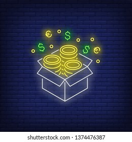 Box with gold coins neon sign. Profit, wealth, money design. Night bright neon sign, colorful billboard, light banner. Vector illustration in neon style.