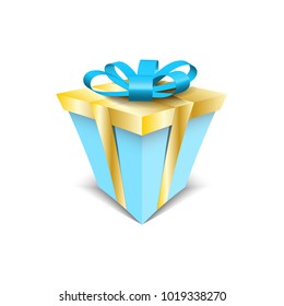 box with gold ribbons and red bow isolated vector blue gift. White background. Box with realistic shadow. Premium quality  Happy smile childhood cartoon template present sign symbol opening