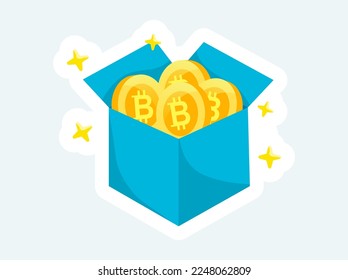 Box with golden bitcoins. Cryptocurrency and blockchain. Vector illustration in cartoon sticker design