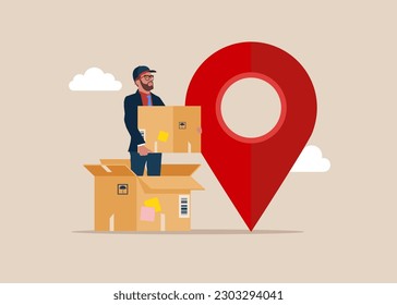 Сourier in a box. GPS navigator with pointer on place of destination and path. Locations marked with pin. Delivery services. Flat vector illustrations.