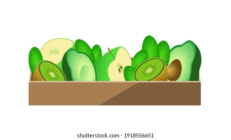 A box of green fruit. Apple, kiwi, avocado, spinach