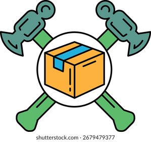 Uma caixa com um martelo e um prego. O martelo e a unha estão cruzados um sobre o outro