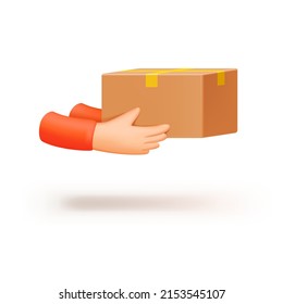 Box in hand for courier delivery service, hands handing over the parcel. The concept of home delivery online store and shipping service. Isolated vector illustration on white background