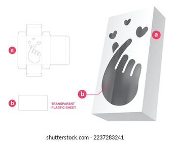 Box with hand mini heart window and transparent plastic sheet die cut template