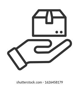 Box in hand outline vector icon isolated on white background. Shipping and home delivery line vector illustration for web design and mobile app ui
