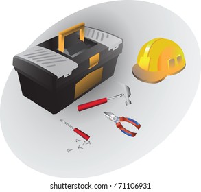 Box of hand tools and set to work. Hammer, pliers, screwdriver and a helmet. Vector image.