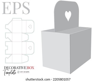 Box with handle heart, template with die cut, laser cut layers.  Decorative box, vector. White, clear, blank, isolated Box with handle mock up on white background. Packaging Design