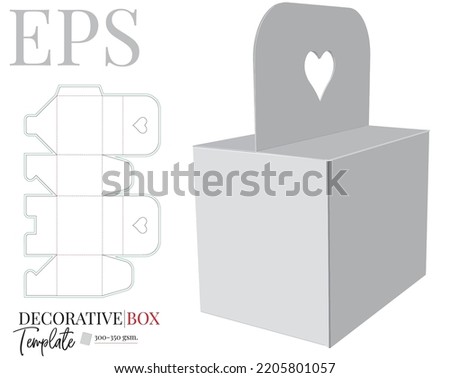 Box with handle heart, template with die cut, laser cut layers.  Decorative box, vector. White, clear, blank, isolated Box with handle mock up on white background. Packaging Design