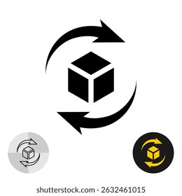 Box handle icon. 3D box shape with rotation arrows around. Repeat throw a dice symbol. Parcel processing sign