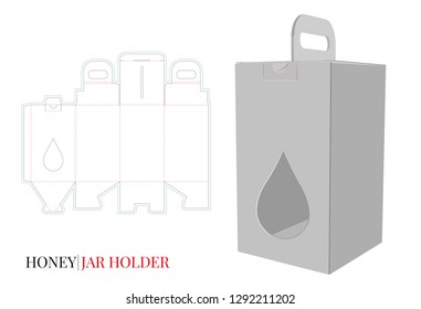 Box with Handle Template, Vector with die cut / laser cut layers. Honey Jar Holder Illustration. White, clear, blank, isolated Jar Box mock up on white background. Packaging Design, 3D presentation