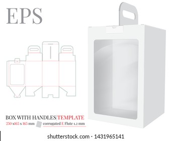 Box with Handle with Window Template, Vector with die cut / laser cut layers.  Holder Illustration. White, clear, blank, isolated Box with handle mock up on white background. Packaging Design