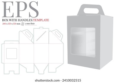 Box with handle with window template, Vector with die cut, laser cut layers.  Holder Illustration. White, clear, blank, isolated Box with handle mock up on white background. Packaging Design