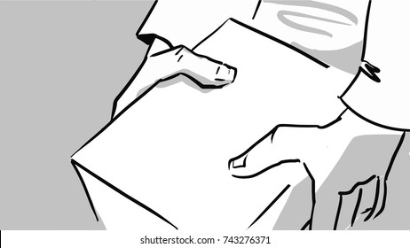 Box in hands. The hands hold the parcel black and white vector sketch. Simple drawing.