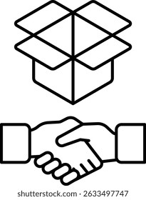A box with a handshake symbol on it. The box is empty and the handshake symbol is black