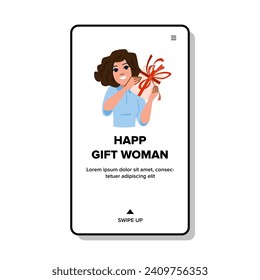 box happy gift woman vector. present person, birthday lady, fun model box happy gift woman web flat cartoon illustration
